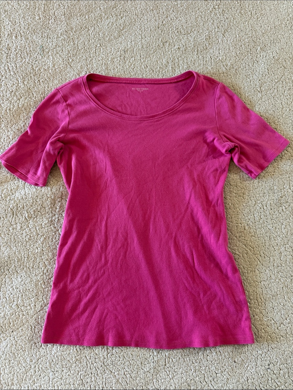 Eileen Fisher 100% Organic Cotton Scoop Neck Short Sleeve Top - Fuchsia Pink S